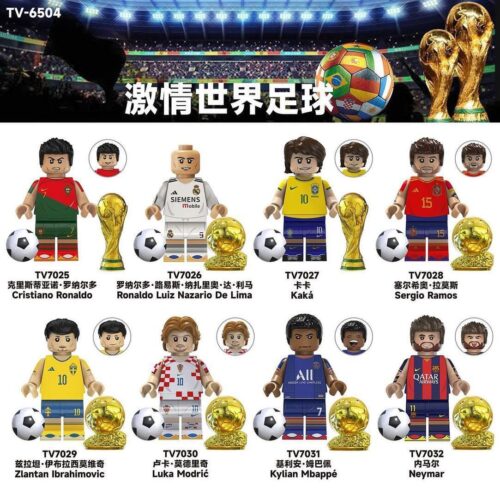 Minifigure cầu thủ bóng đá Sergio Ramos TV7028 của hãng TV, chất lượng cao, giá tốt, dành cho bé trai 6 tuổi, có kèm cúp vàng và bóng.
