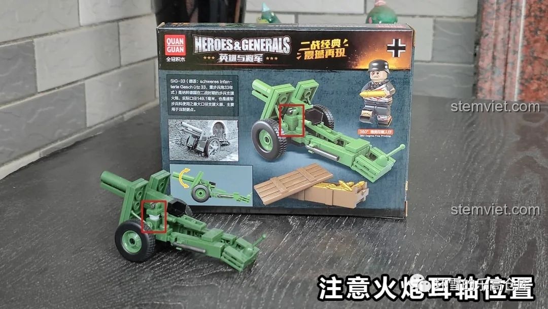 Hình ảnh minh họa vị trí trục pháo (ear axis) của mô hình sIG33 Quanguan bị thấp, cần điều chỉnh để giống thực tế hơn.