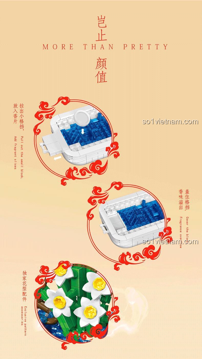 Bộ đồ chơi Hoa Thủy Tiên 豌豆联盟 77123, mô hình hoa thủy tiên bằng nhựa ABS cao cấp, 688 chi tiết, độ tuổi 6+, màu trắng, xanh lá, vàng, xanh dương, có tặng kèm tinh dầu thơm, phù hợp bé gái, khay đựng tinh dầu