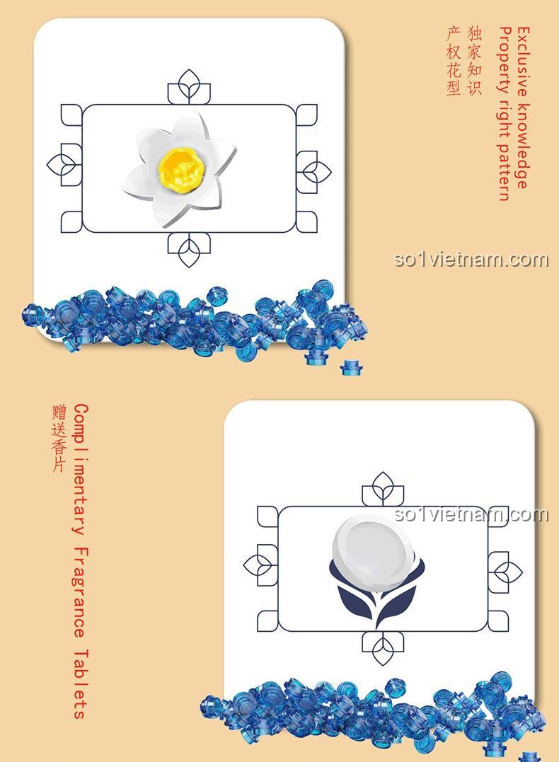 Hộp sản phẩm bộ đồ chơi Hoa Thủy Tiên 豌豆联盟 77123, mô hình hoa thủy tiên bằng nhựa ABS cao cấp, 688 chi tiết, độ tuổi 6+, màu trắng, xanh lá, vàng, xanh dương, có tặng kèm tinh dầu thơm, phù hợp bé gái, kích thước hộp