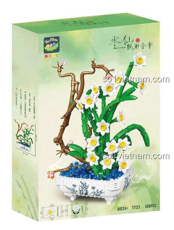 Hộp sản phẩm bộ đồ chơi Hoa Thủy Tiên 豌豆联盟 77123, mô hình hoa thủy tiên bằng nhựa ABS cao cấp, 688 chi tiết, độ tuổi 6+, màu trắng, xanh lá, vàng, xanh dương, có tặng kèm tinh dầu thơm, phù hợp bé gái