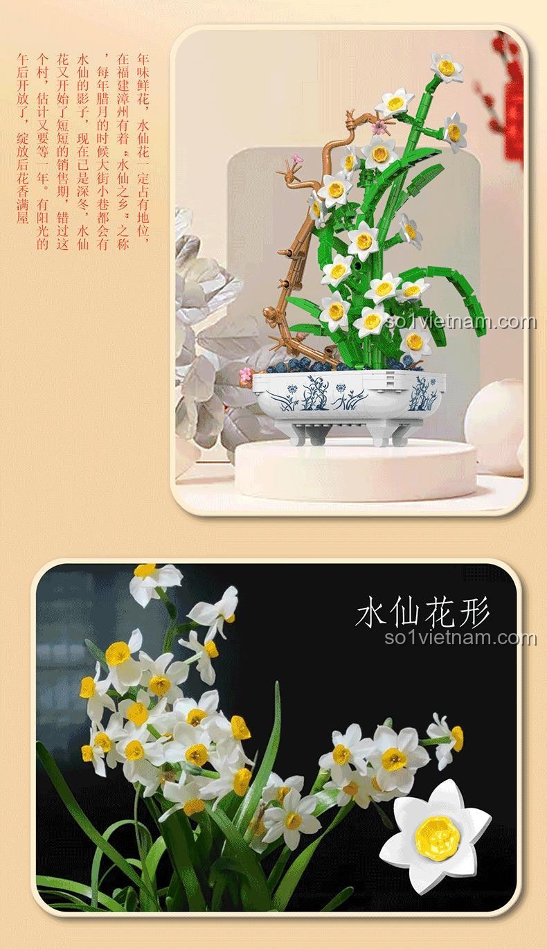 Bộ đồ chơi Hoa Thủy Tiên 豌豆联盟 77123, mô hình hoa thủy tiên bằng nhựa ABS cao cấp, 688 chi tiết, độ tuổi 6+, màu trắng, xanh lá, vàng, xanh dương, có tặng kèm tinh dầu thơm, phù hợp bé gái, mô hình đẹp