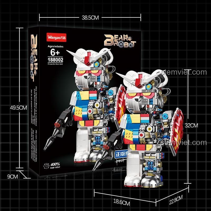 Hộp đồ chơi lắp ráp Mô hình Gấu Robot Wangao 188002 thể hiện kích thước 49.5x38.5x9cm, bộ khối lắp ghép 1681 mảnh, dành cho bé trai 6 tuổi, giá tiết kiệm.