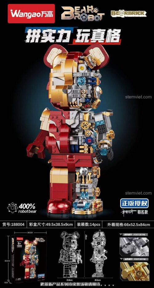 Đồ chơi mô hình Robot Gấu Iron Man Wangao 188004 với thiết kế nội thất cơ khí lộ thiên độc đáo, món quà sáng tạo cho bé trai 6 tuổi.
