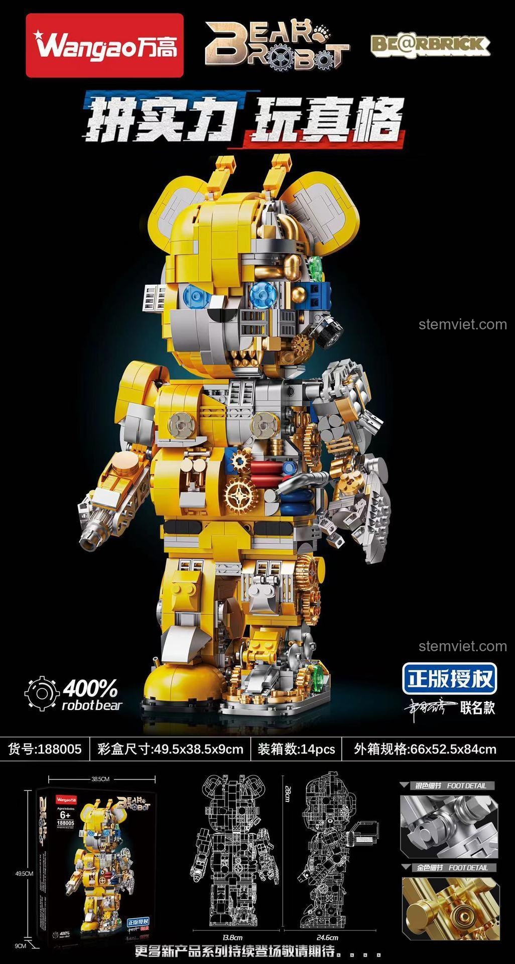 Mô hình Gấu Robot Ong Vàng Cơ Khí Wangao 188005 với thiết kế nội thất cơ khí lộ thiên, đồ chơi lắp ghép Gấu Bearbrick độc đáo, chất lượng cao.