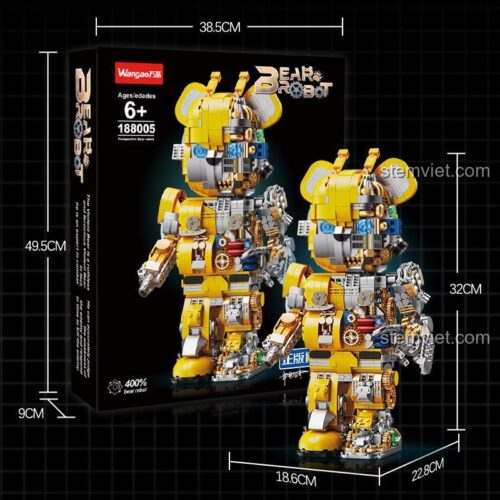 Hộp đồ chơi lắp ráp Gấu Robot Ong Vàng Cơ Khí Wangao 188005, thể hiện kích thước mô hình và hộp, bộ xếp hình Gấu Cơ Khí cho bé trai 6 tuổi.