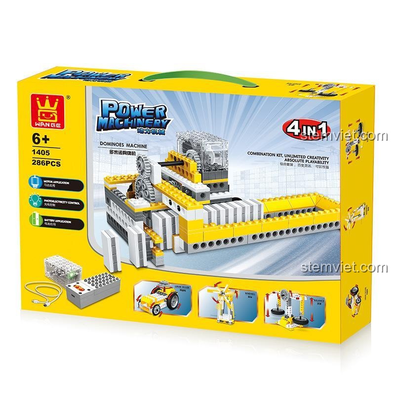 Mô hình máy xếp domino tự động từ bộ lắp ráp WANGE 1405, một đồ chơi STEM sáng tạo cho bé trai 6 tuổi, giúp phát triển tư duy logic.