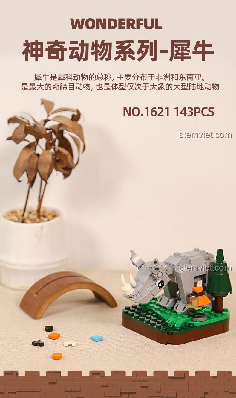 Hộp bộ lắp ghép Tê giác WANGE 1621, đồ chơi mô hình Tê giác 143 chi tiết cho bé trai 6 tuổi, lựa chọn tiết kiệm.