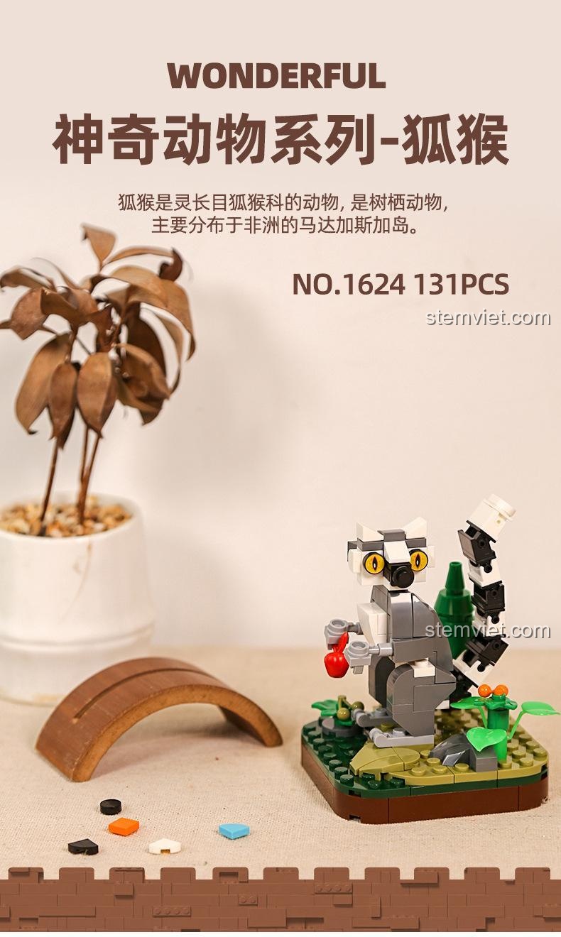 Hộp đồ chơi lắp ghép Vượn cáo Đuôi Vòng WANGE 1624 với 131 mảnh ghép, phù hợp cho bé trai và bé gái 6 tuổi, chất lượng cao.