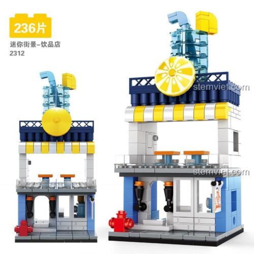 Ảnh chụp cận cảnh mô hình WANGE 2312 Cửa hàng nước ép, bộ lắp ghép cho bé gái 6 tuổi, giá rẻ.