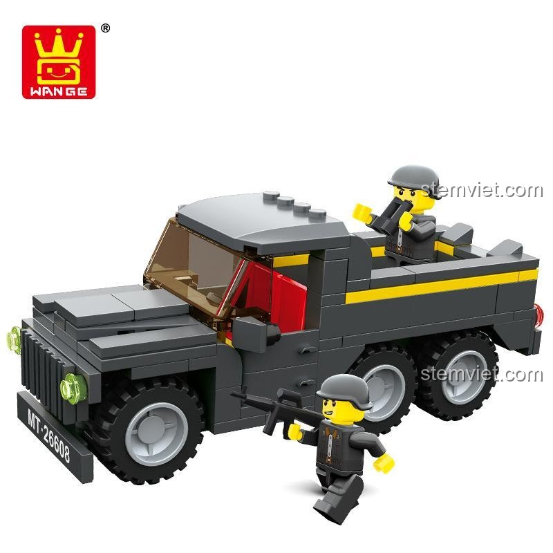 Hộp sản phẩm đồ chơi xếp hình WANGE 2660 Xe Tải Chiến Đấu, có ghi rõ kích thước hộp 25x16x4.5cm.