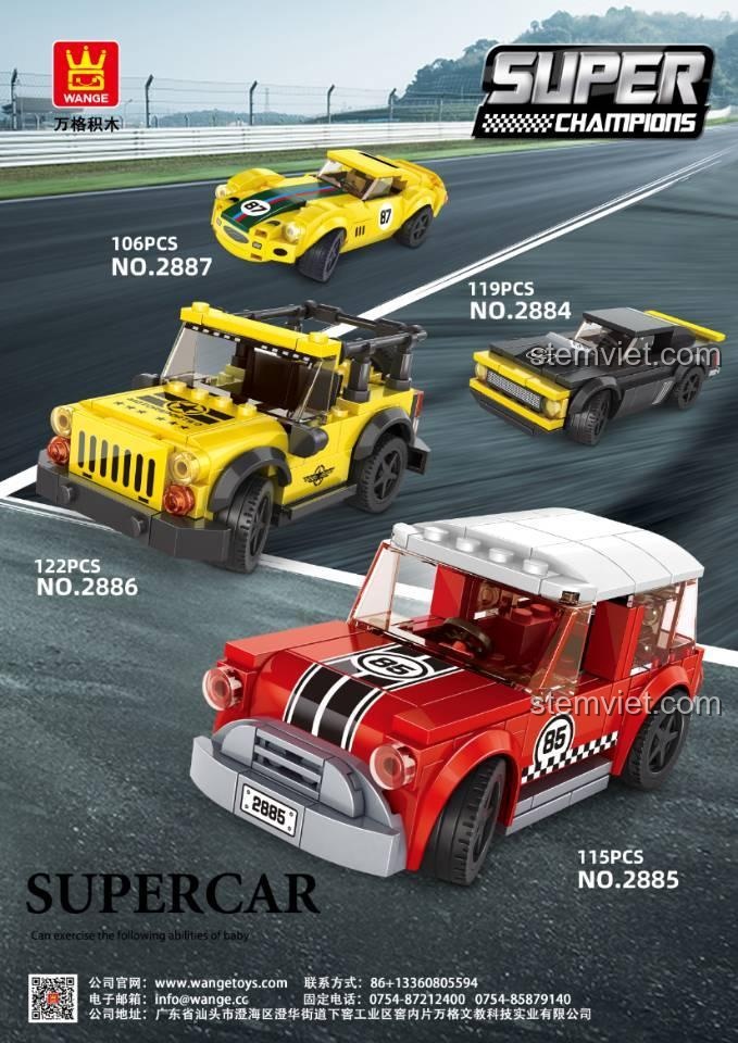 Bộ sưu tập đồ chơi lắp ráp WANGE Super Champions, bao gồm xe cơ bắp đen 2884, xe jeep vàng 2886, xe đua vàng 2887 và xe cổ điển đỏ 2885, dành cho bé trai đam mê tốc độ.