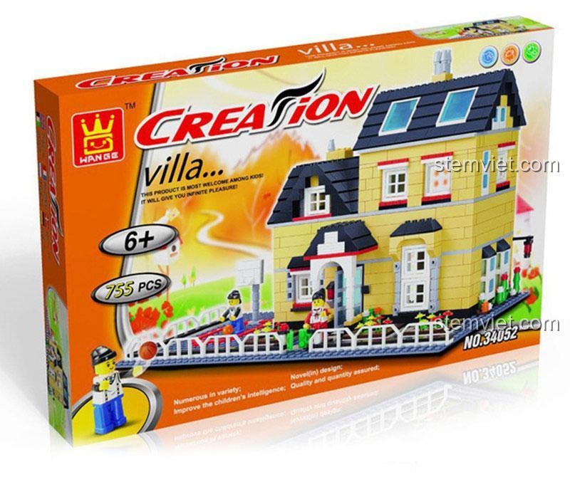 Vỏ hộp của bộ đồ chơi WANGE 34052 Biệt thự CityInn, thể hiện rõ số lượng 755 mảnh ghép và độ tuổi khuyến nghị 6+.