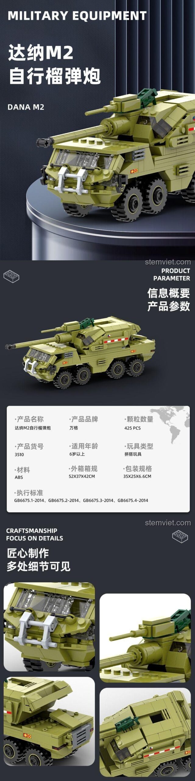 Thông số kỹ thuật và chi tiết của bộ lắp ráp Xe pháo tự hành DANA M2 WANGE 3510, bao gồm 425 mảnh ghép chất lượng cao.