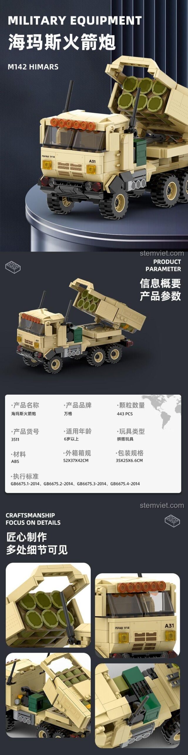 Thông số kỹ thuật bộ lắp ráp Xe phóng tên lửa HIMARS WANGE 3511. Đồ chơi mô hình quân sự chất lượng cao, tương thích LEGO®.