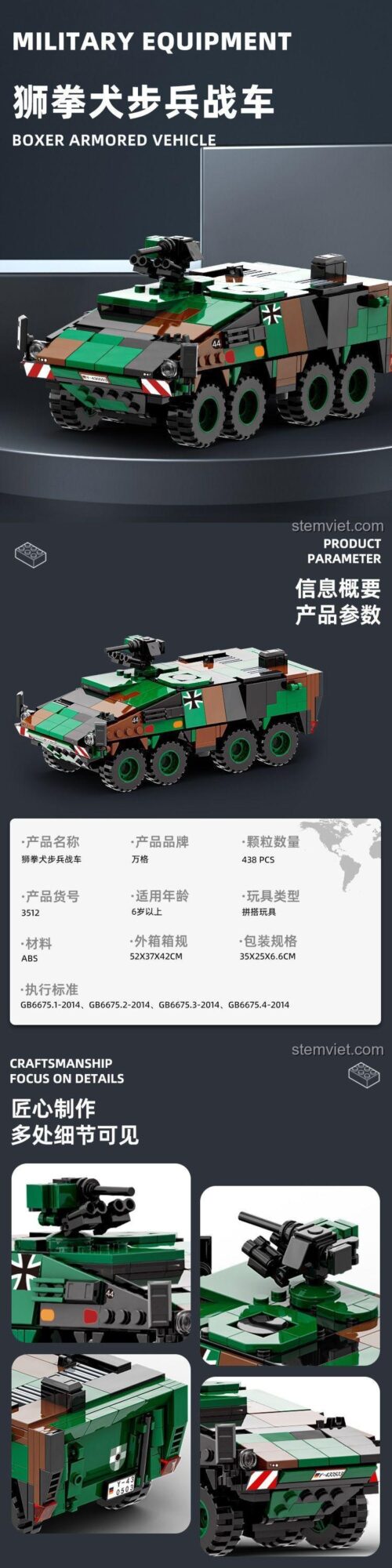 Thông số kỹ thuật của bộ xếp hình Xe bọc thép Boxer WANGE 3512 với 438 chi tiết.