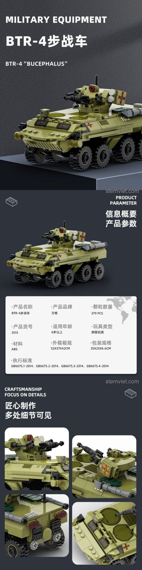 Thông số kỹ thuật bộ lắp ghép WANGE 3515 xe bọc thép BTR-4, đồ chơi mô hình quân sự chi tiết, phù hợp bé trai 6 tuổi.