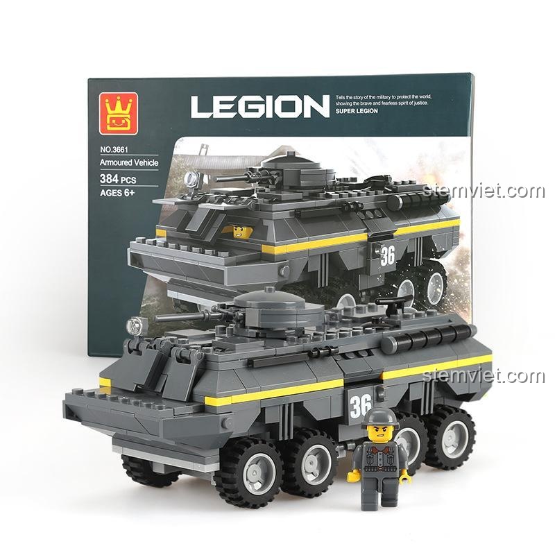 Hình ảnh hộp sản phẩm bộ đồ chơi Xe Chiến Đấu Bánh Lốp WANGE 3661 thuộc series Legion, món quà sinh nhật ý nghĩa cho bé trai.