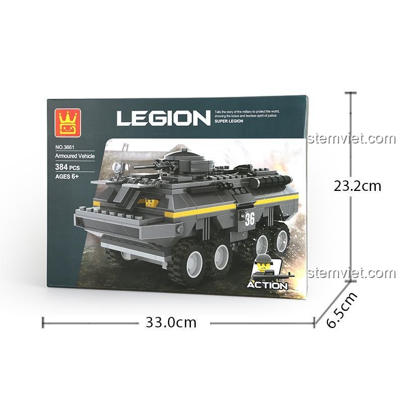 Ảnh thể hiện kích thước hộp của bộ lắp ráp WANGE 3661 Xe Bọc Thép, dài 33cm, rộng 23.2cm và cao 6.5cm.
