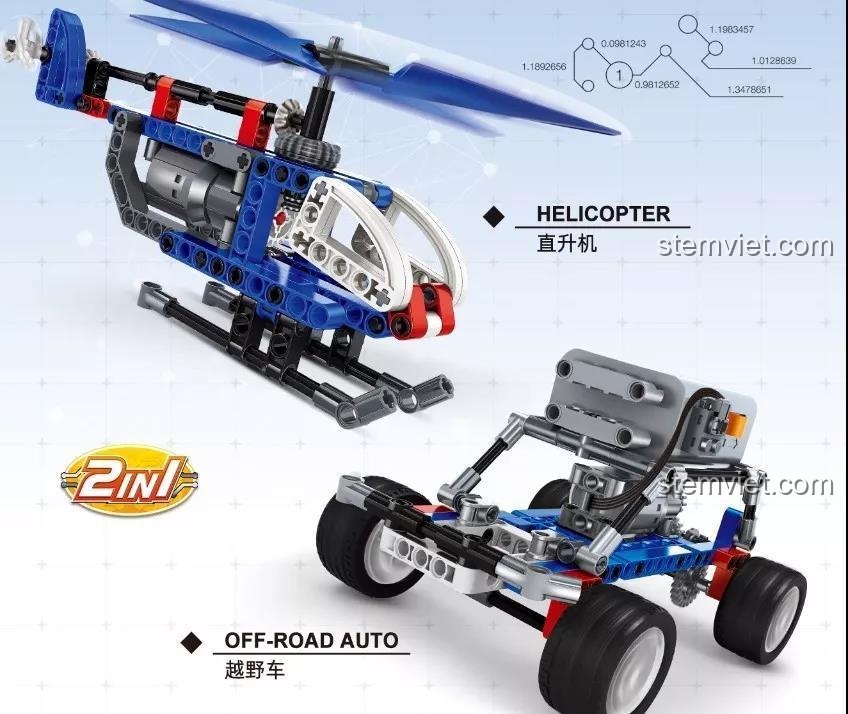 Đồ chơi STEAM WANGE 3801 lắp được 2 mô hình Trực thăng và Xe địa hình, phát triển tư duy cho con trai.