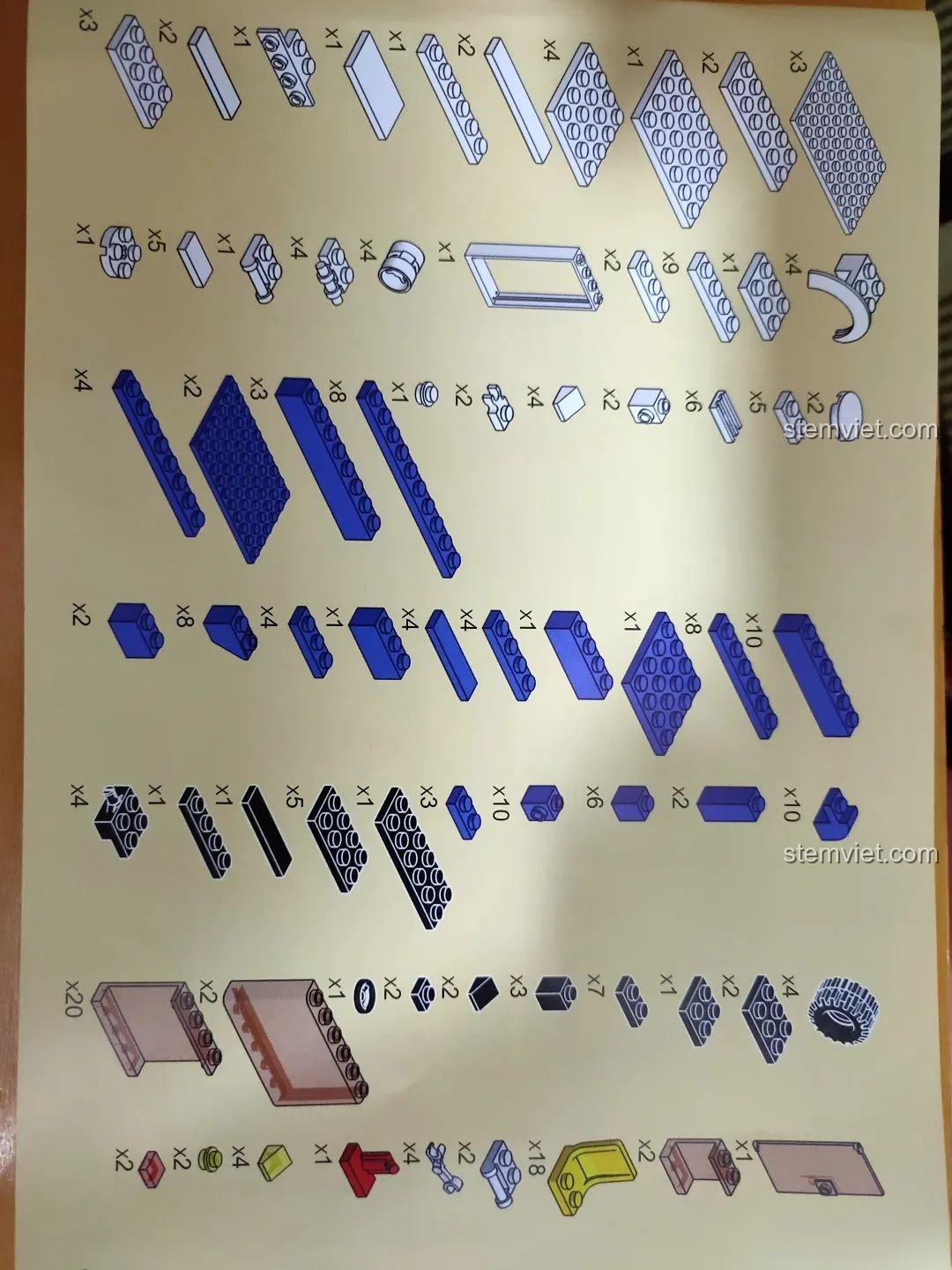 Trang sách hướng dẫn Wange 3970 liệt kê các loại mảnh ghép và số lượng.