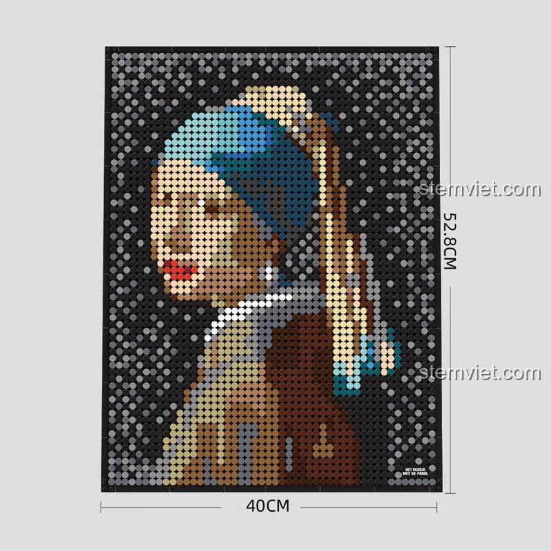 Kích thước mô hình Thiếu Nữ Đeo Hoa Tai Ngọc Trai WANGE 5120, đồ chơi lắp ghép nghệ thuật với chiều cao 52.8cm, phù hợp trưng bày, giá trị cao.