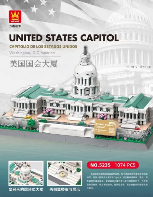 Ảnh quảng cáo bộ đồ chơi mô hình Điện Capitol WANGE 5235, làm nổi bật vẻ đẹp hoành tráng của công trình với 1074 mảnh ghép, phù hợp cho trẻ 6 tuổi.