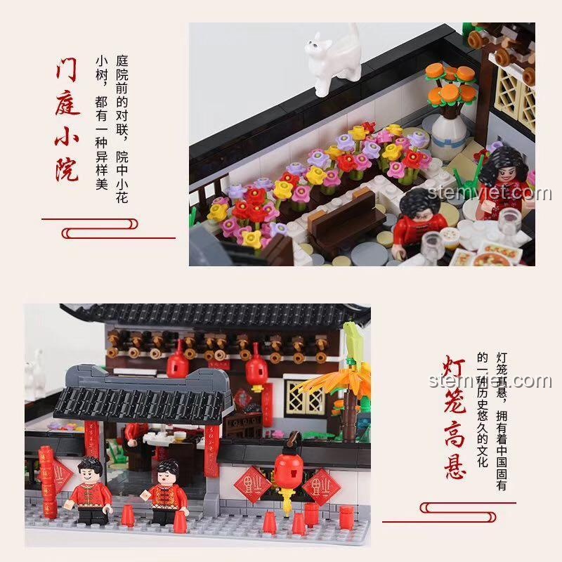 Chi tiết sân vườn và đèn lồng trong bộ xếp hình WANGE 5312 Ngôi nhà Tứ Hợp Viện ngày Tết.