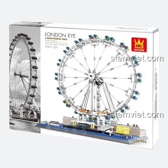 Mặt nghiêng hộp đồ chơi mô hình London Eye WANGE, thể hiện chi tiết sản phẩm và thông tin hãng.