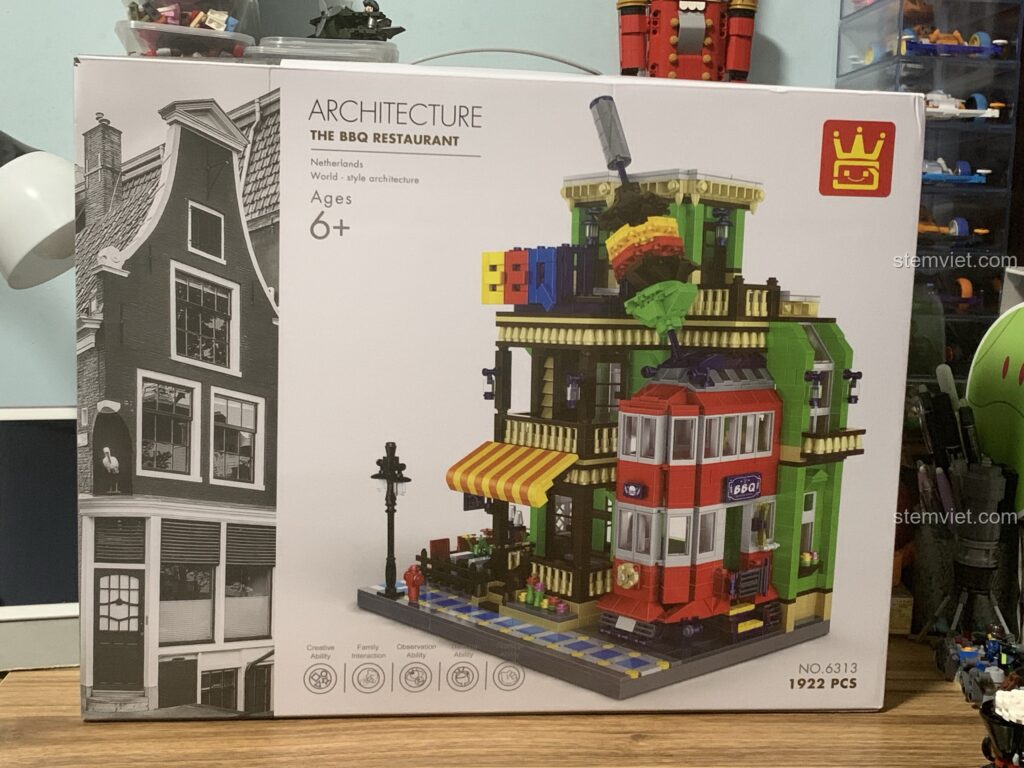 Hộp sản phẩm bộ đồ chơi lắp ráp WANGE 6313 Nhà hàng BBQ với 1922 chi tiết. Bài đánh giá WANGE 6313 chi tiết.