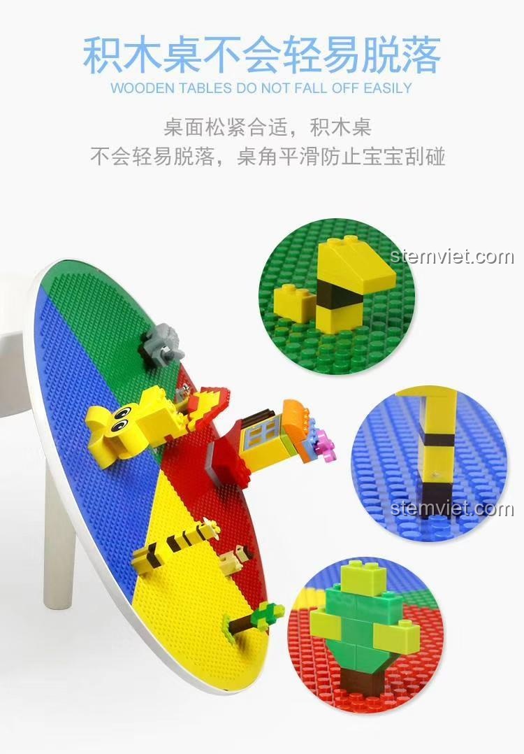 Cận cảnh mặt bàn lắp ráp của đồ chơi giáo dục Bàn học đa năng 68012, các khối ghép bám chắc chắn.