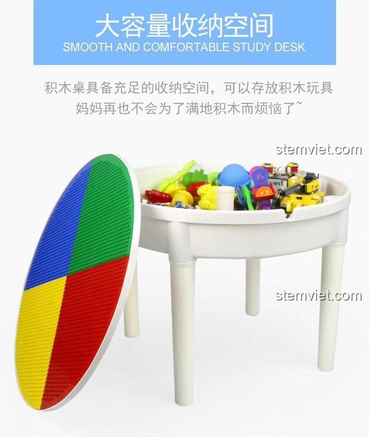 Ngăn chứa đồ rộng rãi bên trong bộ đồ chơi Bàn chơi khối xây dựng WANGE, giúp cất gọn đồ chơi.