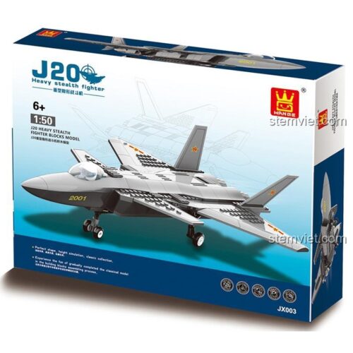 Mô hình hoàn thiện của bộ lắp ráp Máy bay chiến đấu tàng hình J-20 WANGE JX003, thể hiện chi tiết máy bay và 2 tên lửa đi kèm. Đồ chơi cho bé trai 6 tuổi.