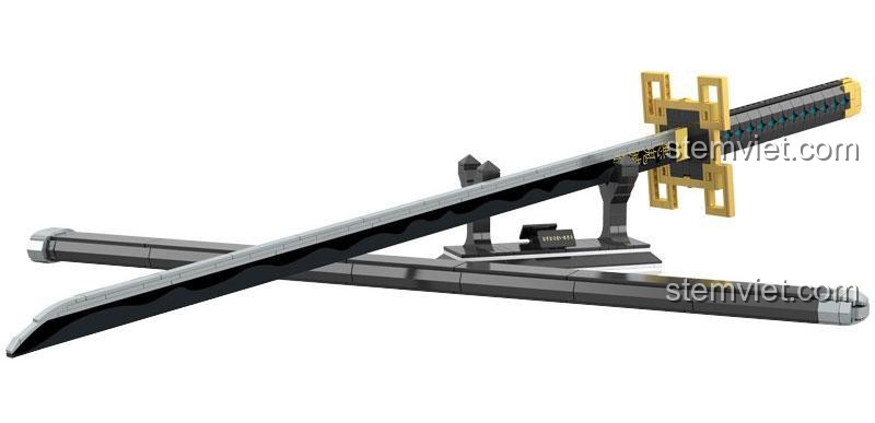 Mô hình lắp ráp Kiếm của Hà Trụ 66018 sau khi hoàn thành, đặt trên giá đỡ đi kèm.
