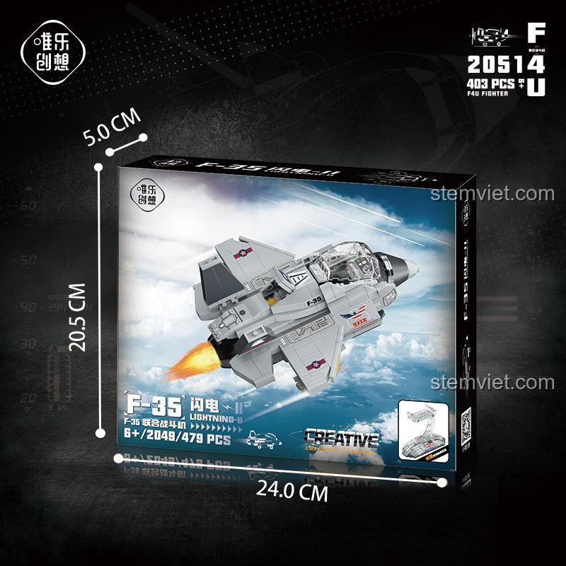 Hộp sản phẩm bộ lắp ghép Máy bay chiến đấu F-35 Lightning II từ Weile Chuangxiang 2049 với 479 mảnh ghép, kích thước hộp 24x20.5x5cm, phù hợp làm quà tặng cho bé trai 6 tuổi.