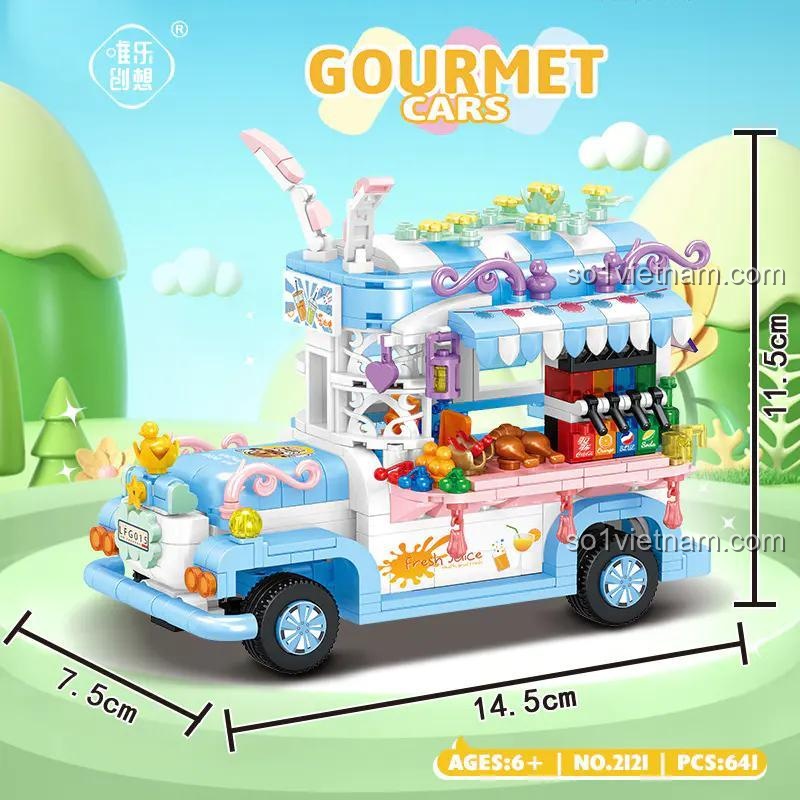 Đồ chơi lắp ghép 2121 Xe Tải Thực Phẩm Thỏ Đói, ảnh thể hiện kích thước mô hình 14.5x7.5x11.5cm cho bé gái 6 tuổi