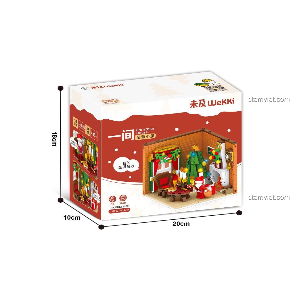 Hộp sản phẩm bộ lắp ghép Wekki 506118 Ngôi nhà Giáng Sinh, thể hiện kích thước hộp 20x10x18cm, đồ chơi lắp ráp giá rẻ cho bé 6 tuổi.