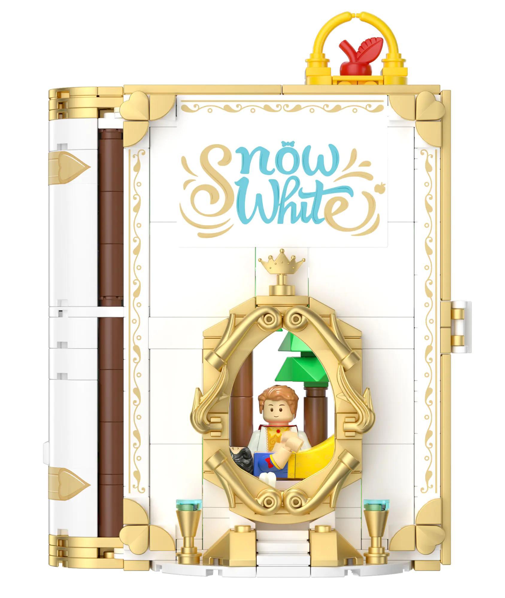 Mặt trước bộ lắp ghép Sách Cổ Tích Bạch Tuyết Wekki 506183 khi đóng lại, thiết kế sang trọng màu trắng và vàng, món quà cho bé gái 6 tuổi.