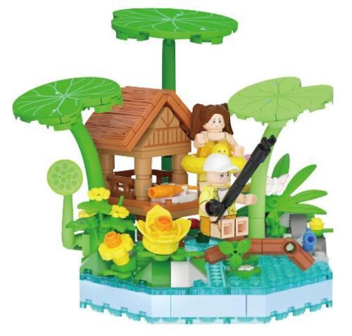 Toàn cảnh bộ lắp ghép Sa bàn Mùa Hè Mát Lành Wekki 516153 với hai nhân vật và ngôi nhà nhỏ bên hồ sen, phù hợp cho bé gái 6 tuổi.