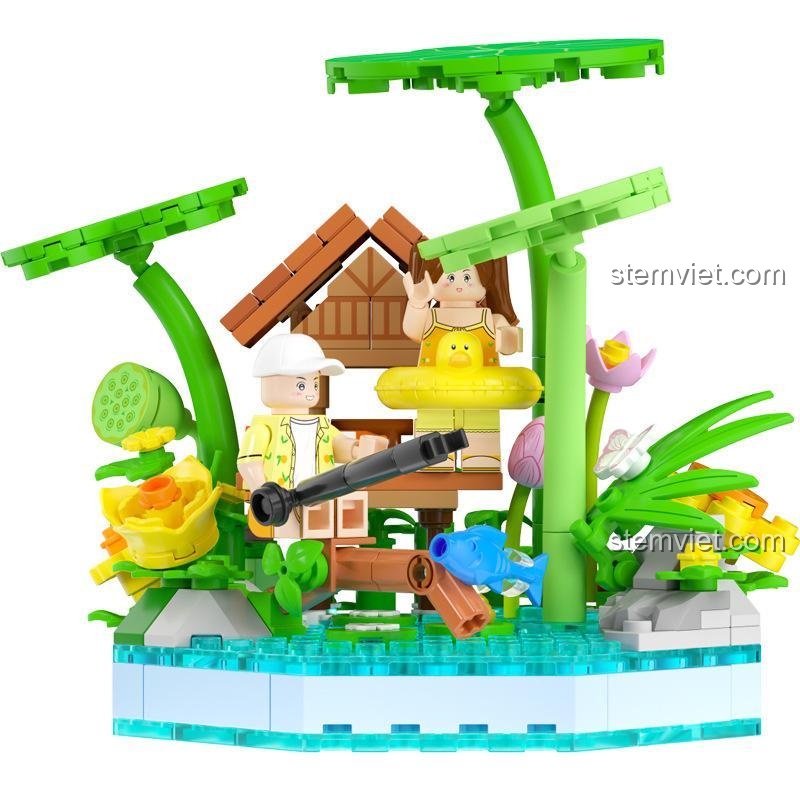 Một góc nhìn khác của đồ chơi xếp hình Wekki 516153, thể hiện chi tiết các bông hoa sen và cây cối xung quanh.