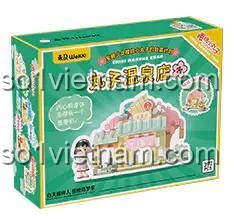 Hộp sản phẩm bộ lắp ghép Wekki 516403 Maruko Onsen Shop với hình ảnh mô hình và nhân vật Maruko, phù hợp cho bé gái 6 tuổi