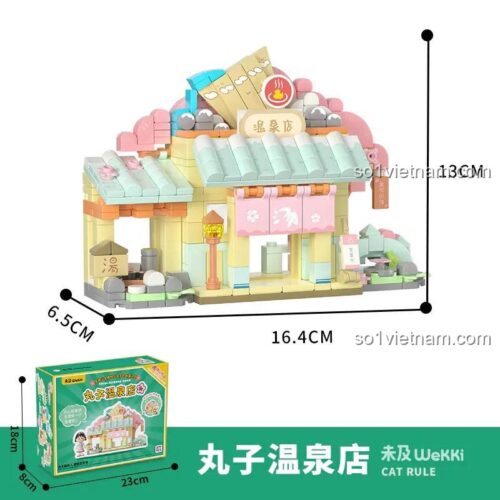 Kích thước mô hình và hộp đựng bộ lắp ghép Wekki 516403 Maruko Onsen Shop, mô hình 16.4x6.5x13cm, hộp 23x18x8cm, phù hợp cho bé gái 6 tuổi