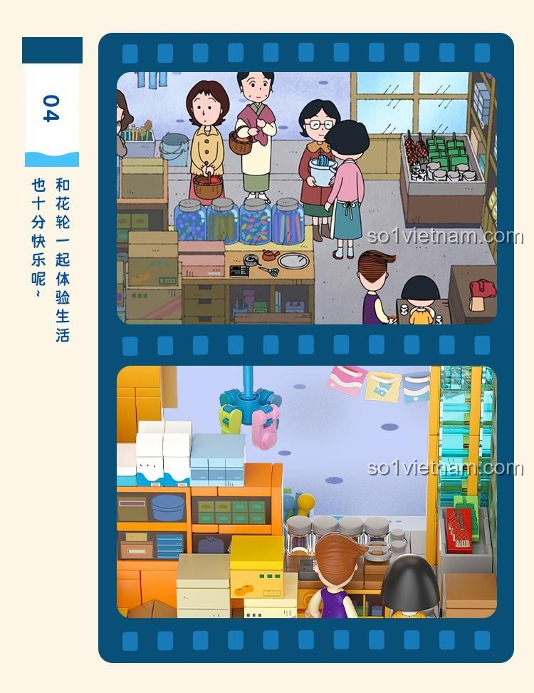 Mô tả trải nghiệm vui vẻ khi chơi cùng bộ lắp ghép Wekki 516408, với các nhân vật tương tác trong cửa hàng.