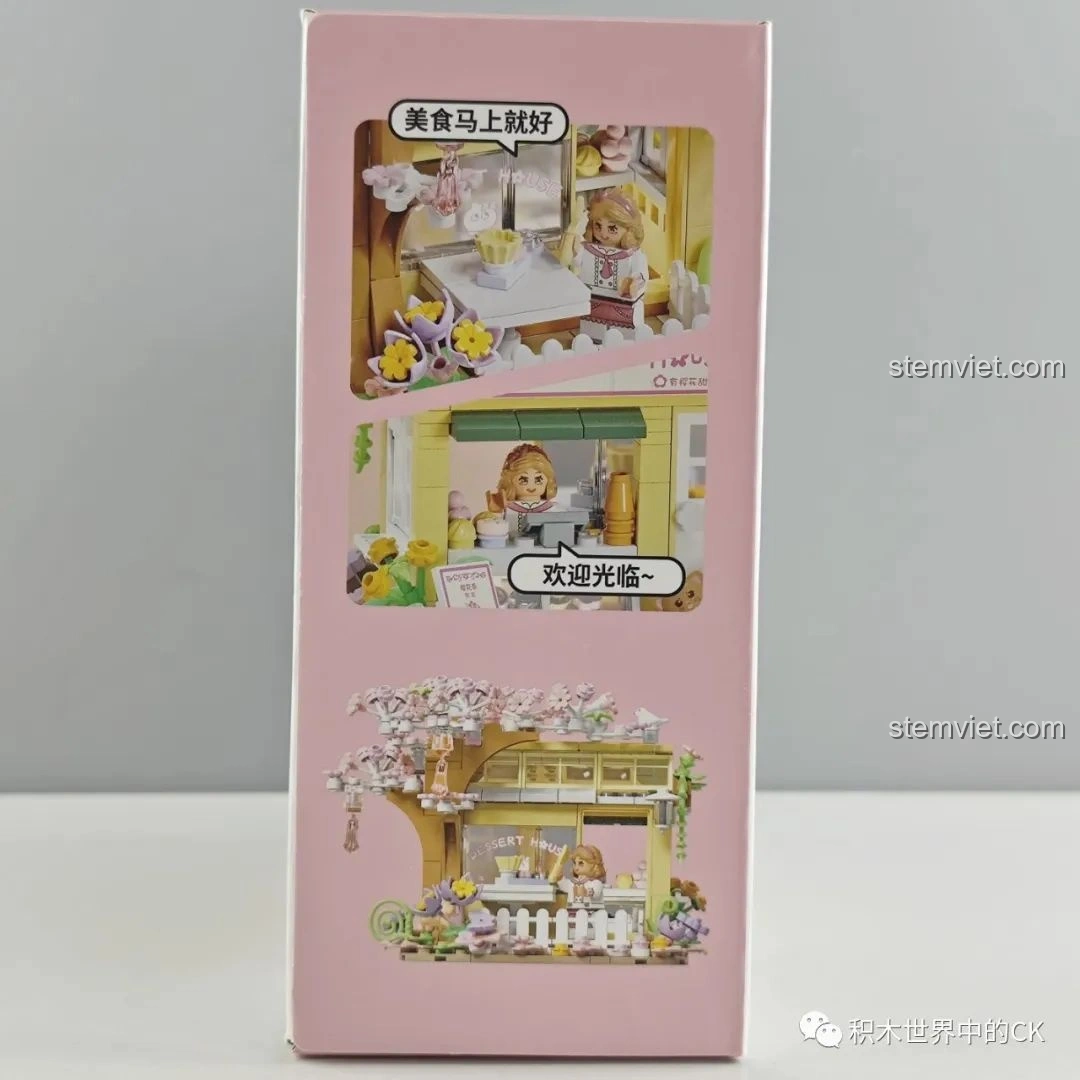Mặt bên hộp bộ lắp ghép Wekki 516601 Tiệm Bánh Ngọt Hoa Anh Đào, hiển thị các cảnh chơi và chi tiết bên trong mô hình.