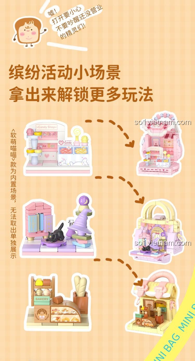 Poster mô tả bộ lắp ghép Túi xách kiêm tiệm bánh mini Wekki với các chi tiết dễ thương, nhấn mạnh sự sáng tạo.