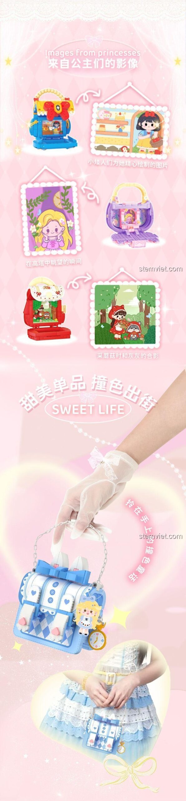 Bộ sưu tập túi xách lắp ráp hình Bạch Tuyết 516912 và các nhân vật cổ tích khác.