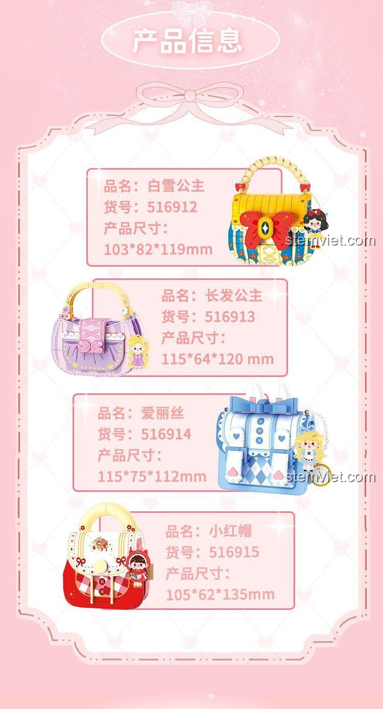 Thông tin sản phẩm và kích thước của bộ đồ chơi Túi xách Bạch Tuyết Wekki 516912.