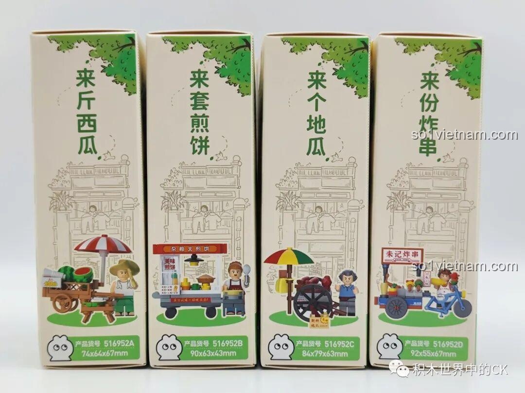 Cận cảnh mặt bên của bốn hộp đồ chơi lắp ráp Wekki Quầy Ăn Vặt Đường Phố, với thông tin sản phẩm và hình ảnh chi tiết.