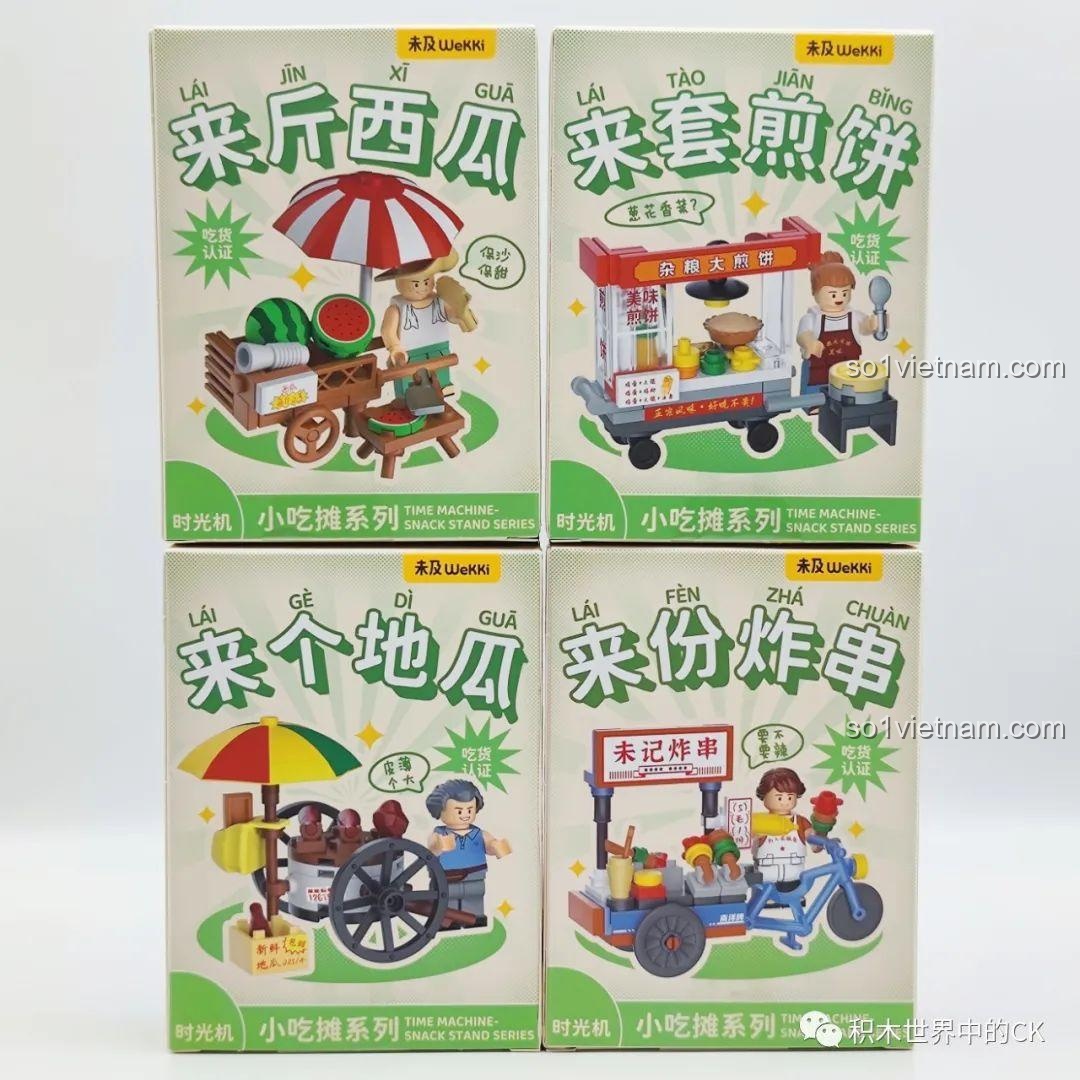 Bốn hộp đồ chơi lắp ráp Wekki series Quầy Ăn Vặt Đường Phố 80s-90s, bao gồm xe đẩy dưa hấu, bánh kếp, khoai lang nướng và xe đạp bán đồ chiên xiên que 516952D.