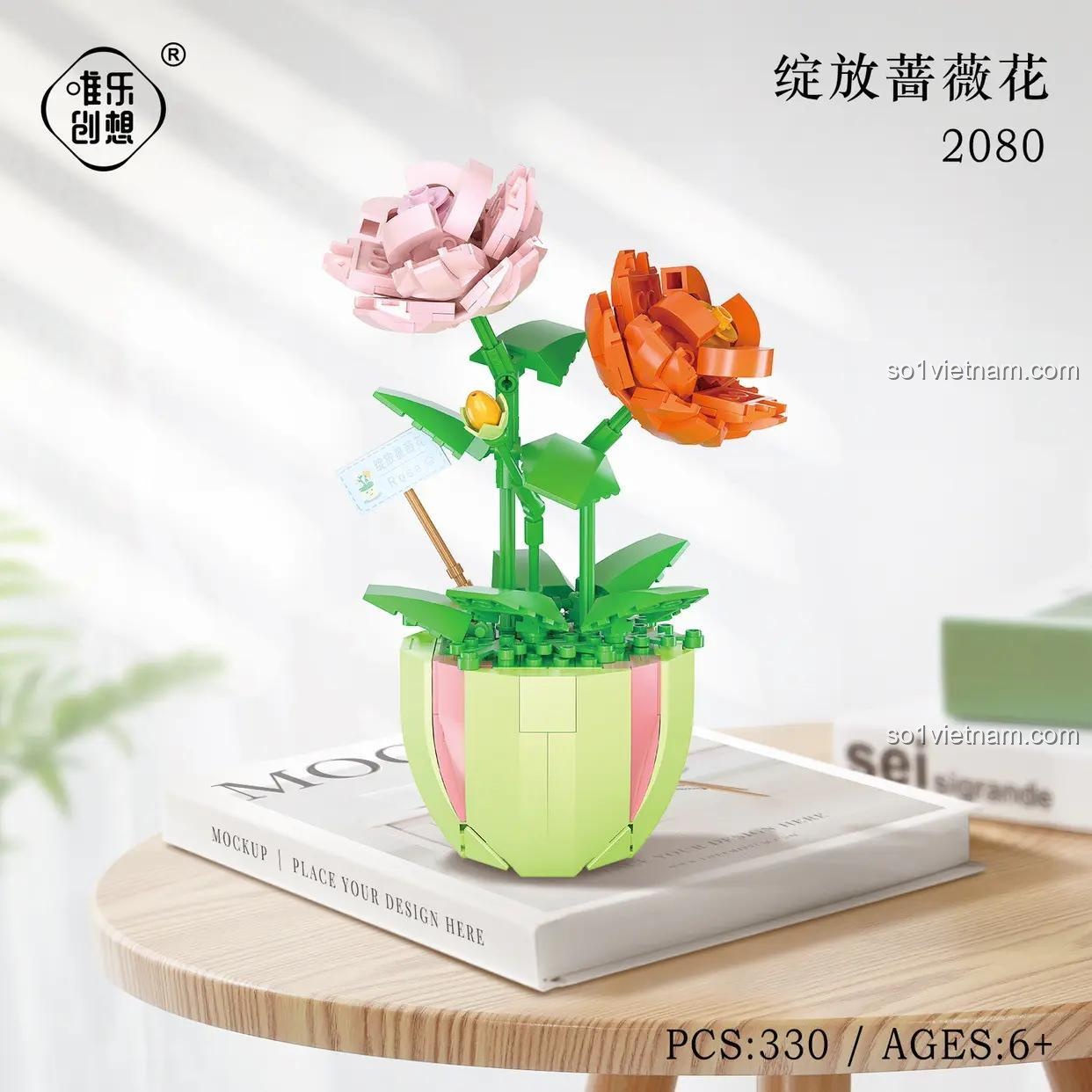 bộ lắp ghép Welê Creative 2080, mô hình chậu hoa hồng leo, đồ chơi xây dựng cho bé gái 6 tuổi, chất lượng cao